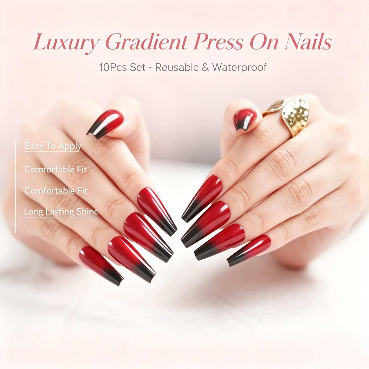 Long Coffin Red Black Gradient Press On Nails, Glossy Gothic False Nail Tips, Reusable Handmade Fake
