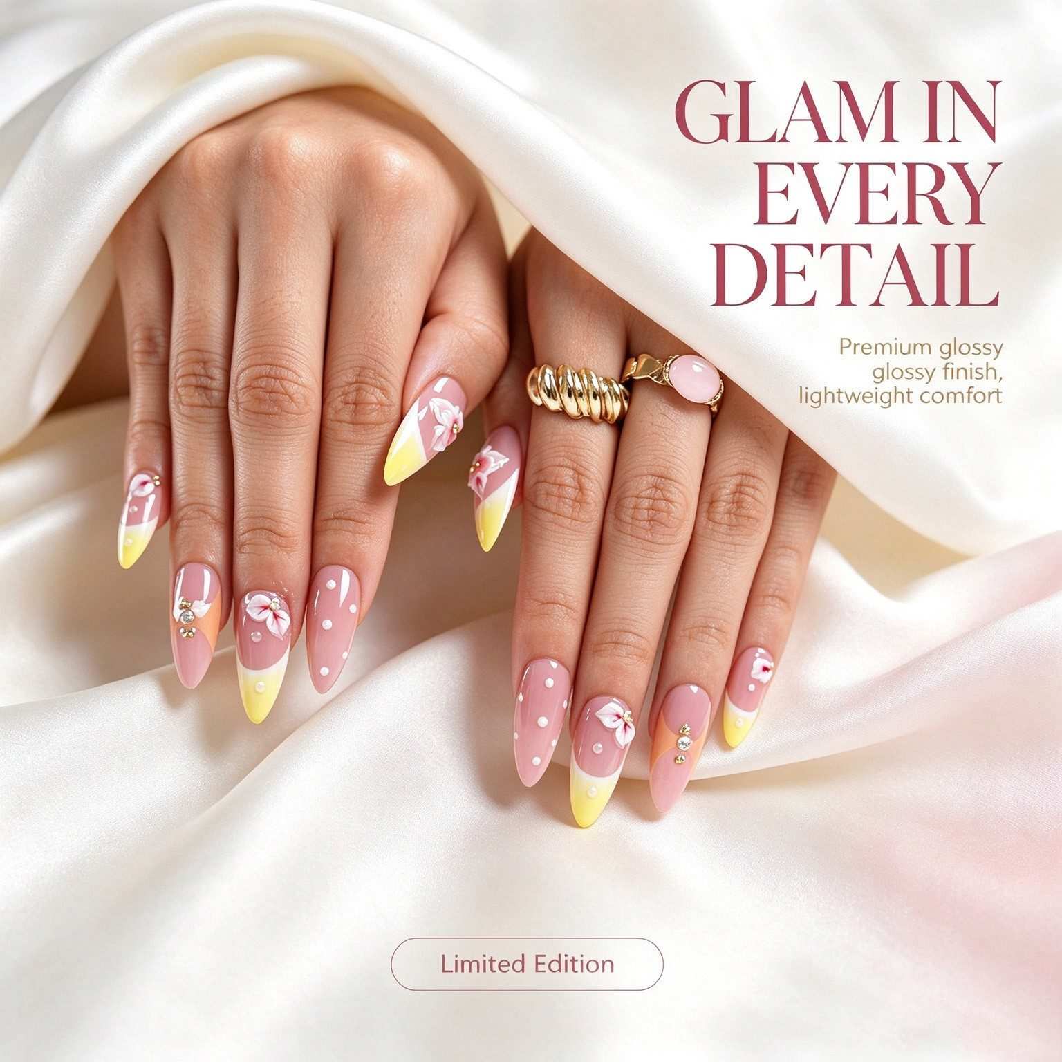 Hand Painted 3D Flower Almond Press On Nails | Pink Yellow Reusable False Nails